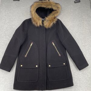 J Crew Stadium Cloth Nello Gori Coat Women's Size 10 Black Wool Blend Fur Hood